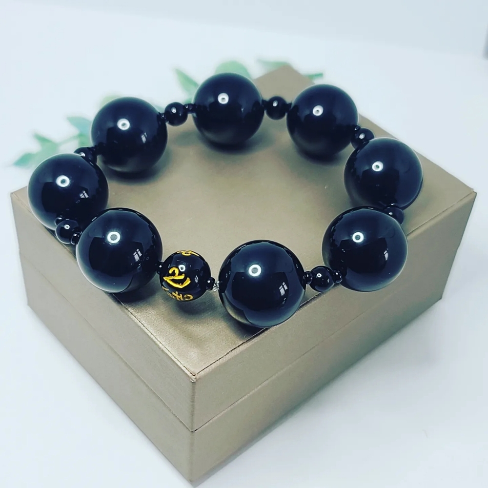 Black Obsidian Om Mani padme hum Bead bracelet